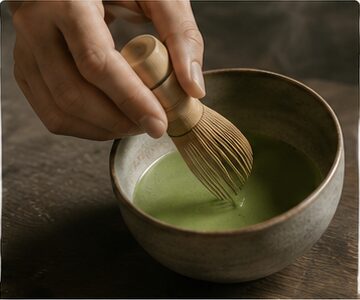 Batedor de bambú preparant un bol de matcha